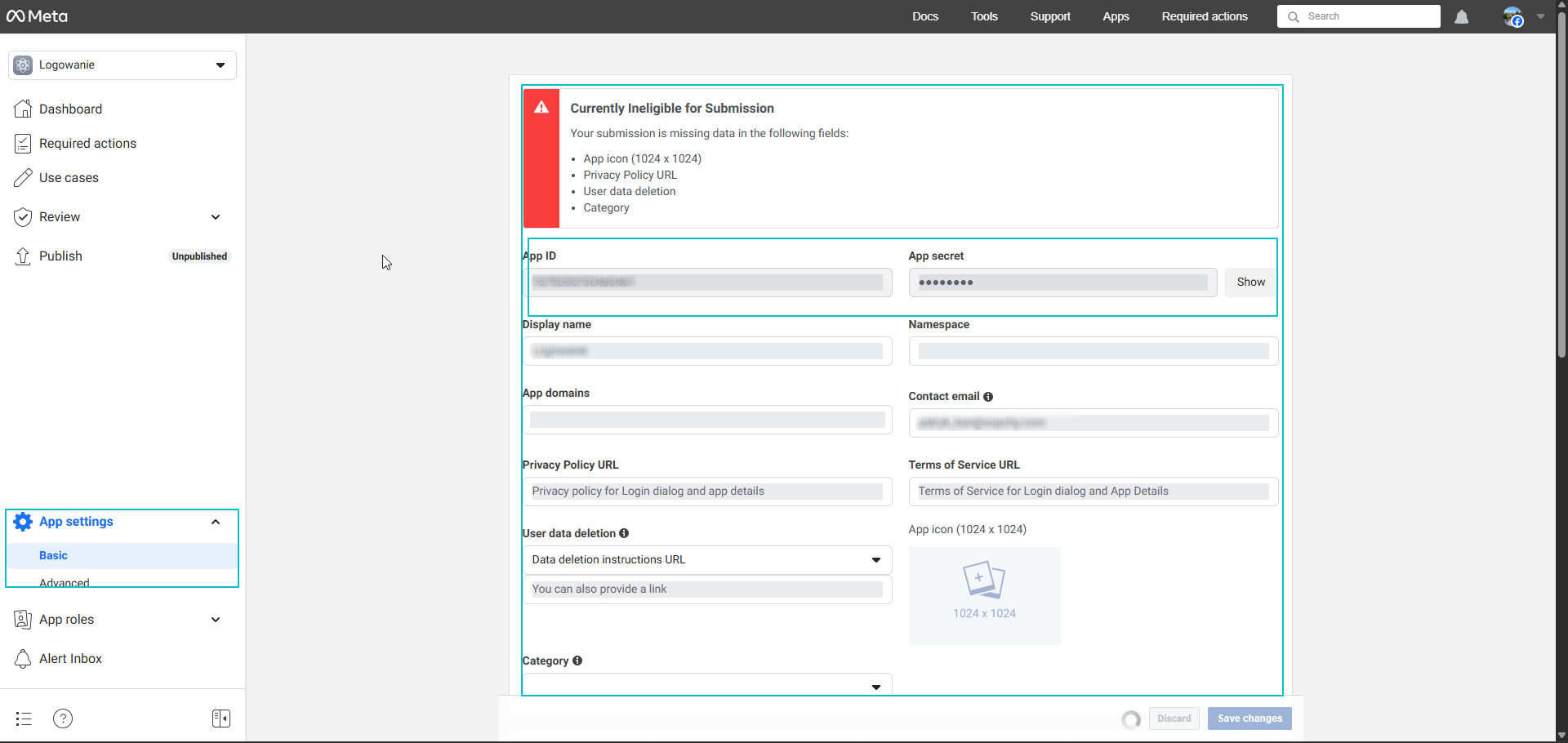 Informacje aplikacji Facebook