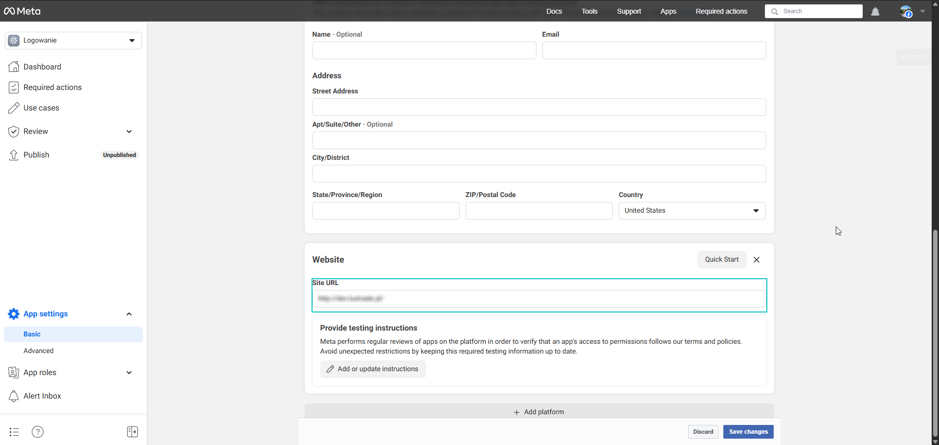 Informacje aplikacji Facebook - adres strony