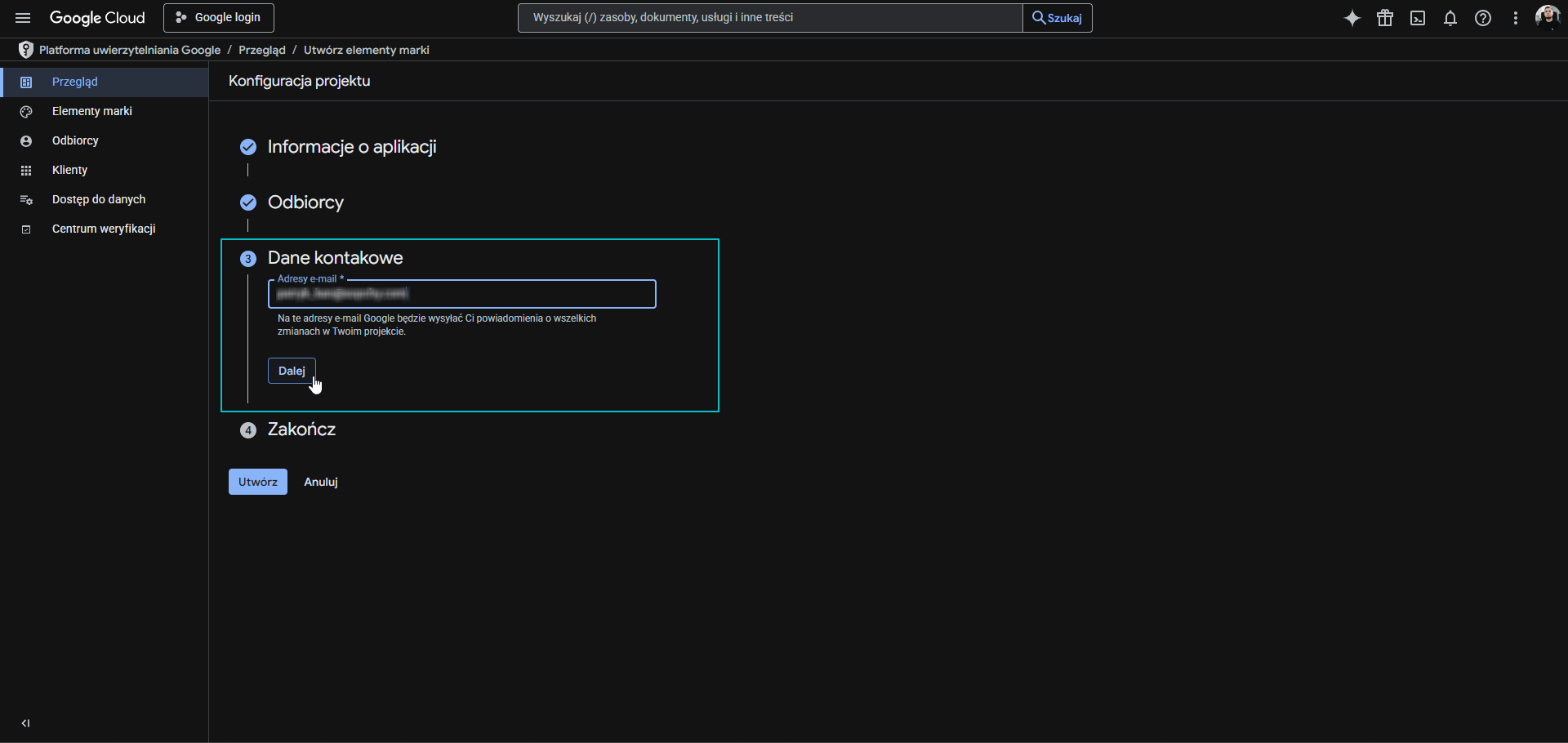 Konfiguracja ekranu zgody OAuth - dane kontaktowe