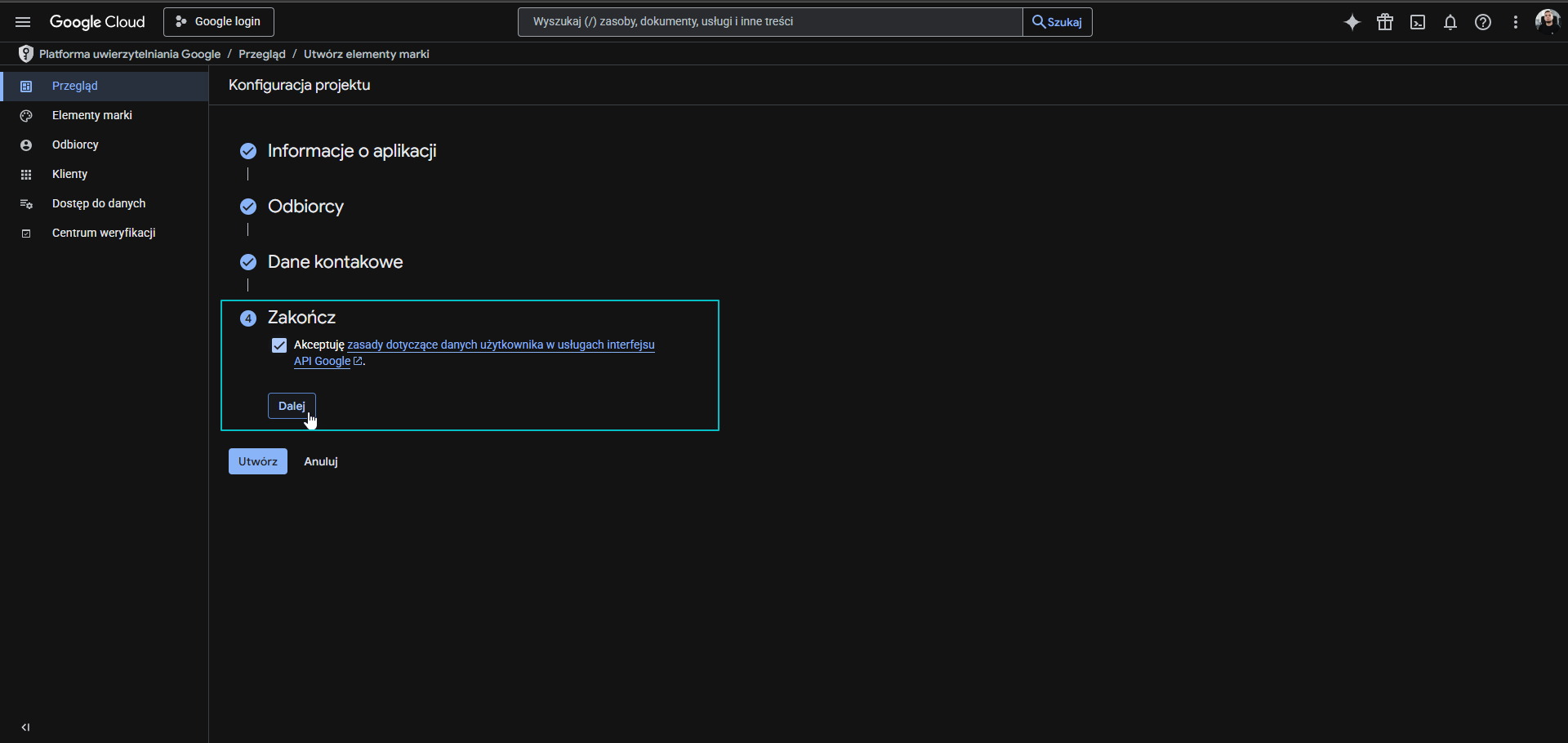 Konfiguracja ekranu zgody OAuth - zakończ