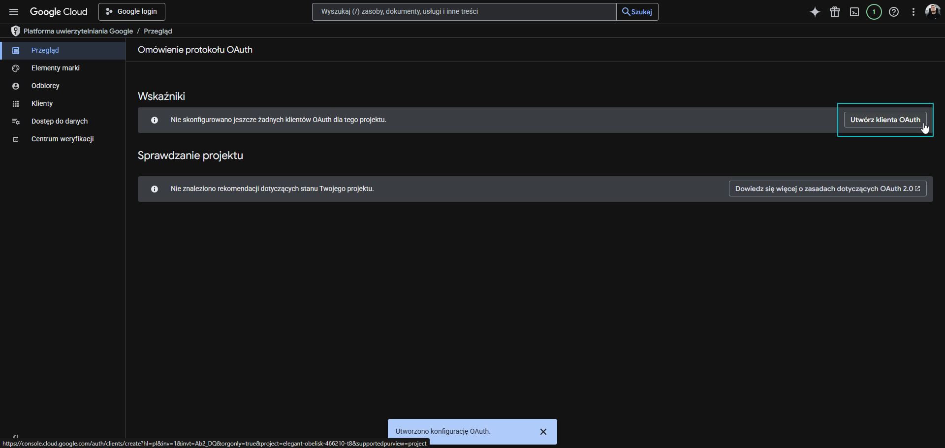 Ekran tworzenia klienta OAuth