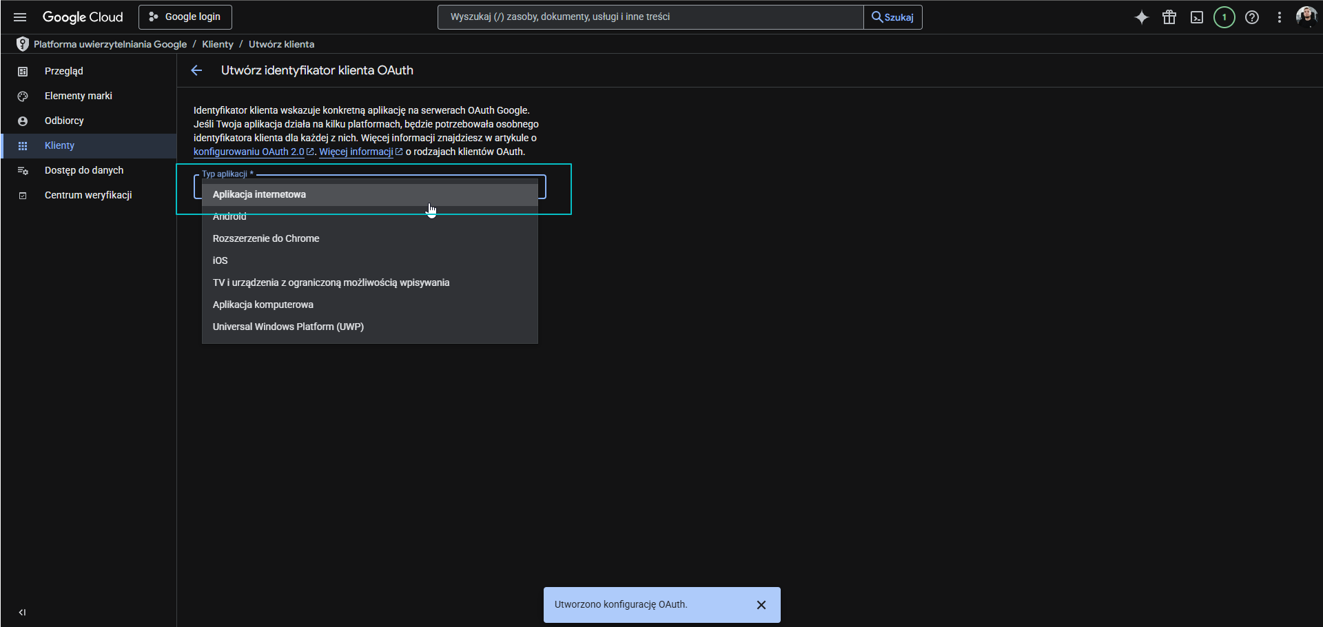 Typ aplikacji klienta
