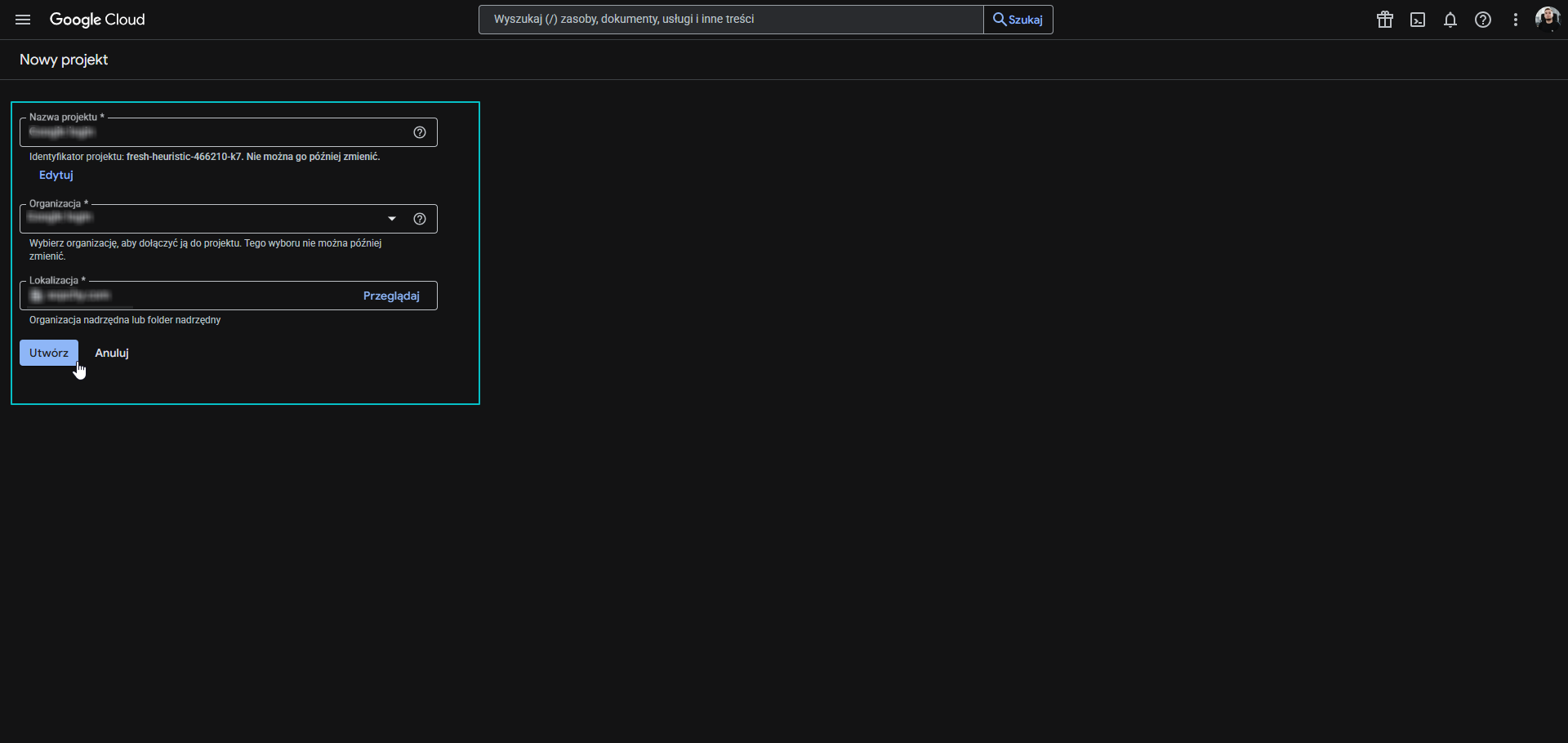 Tworzenie projektu Google Cloud
