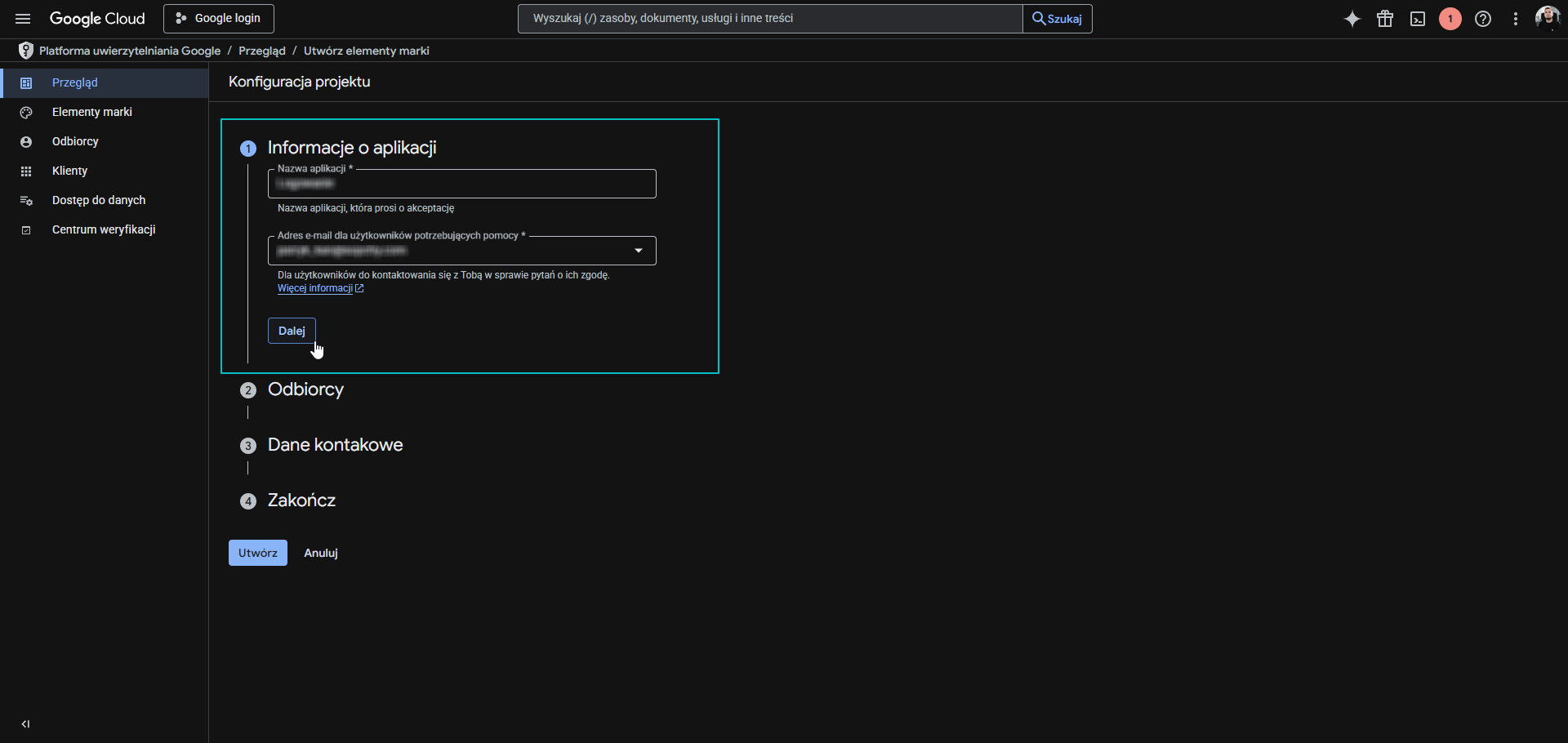 Konfiguracja ekranu zgody OAuth - inforamcje