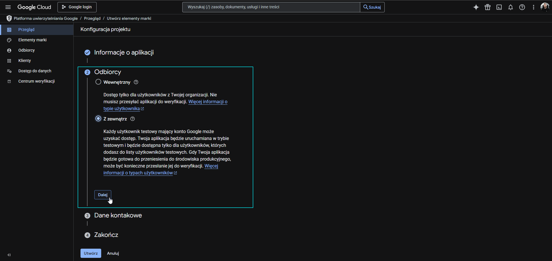 Konfiguracja ekranu zgody OAuth - odbiorcy