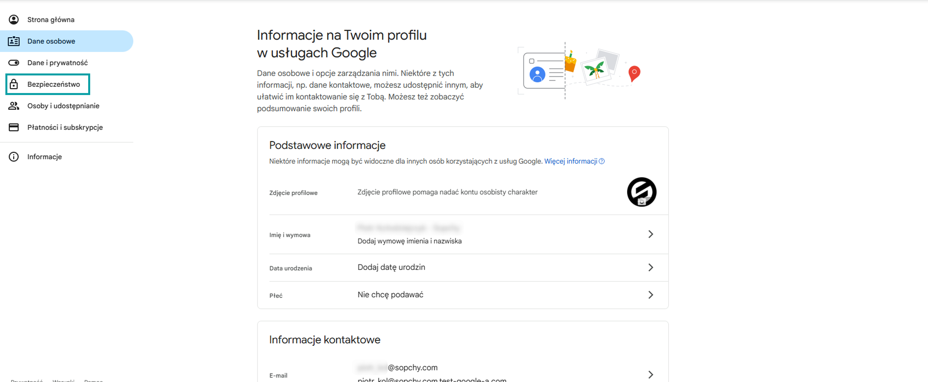 Konto Google - zakładka Bezpieczeństwo