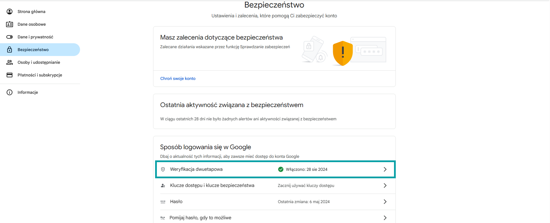 Włączenie weryfikacji dwuetapowej Google