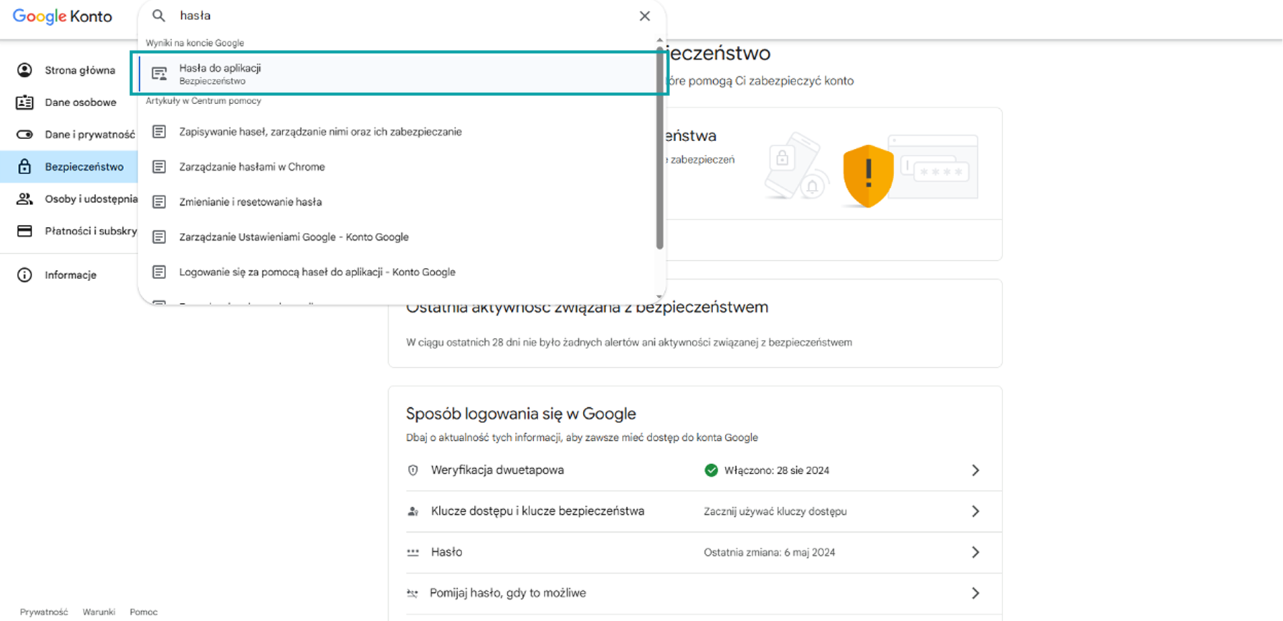 Hasła do aplikacji w Google