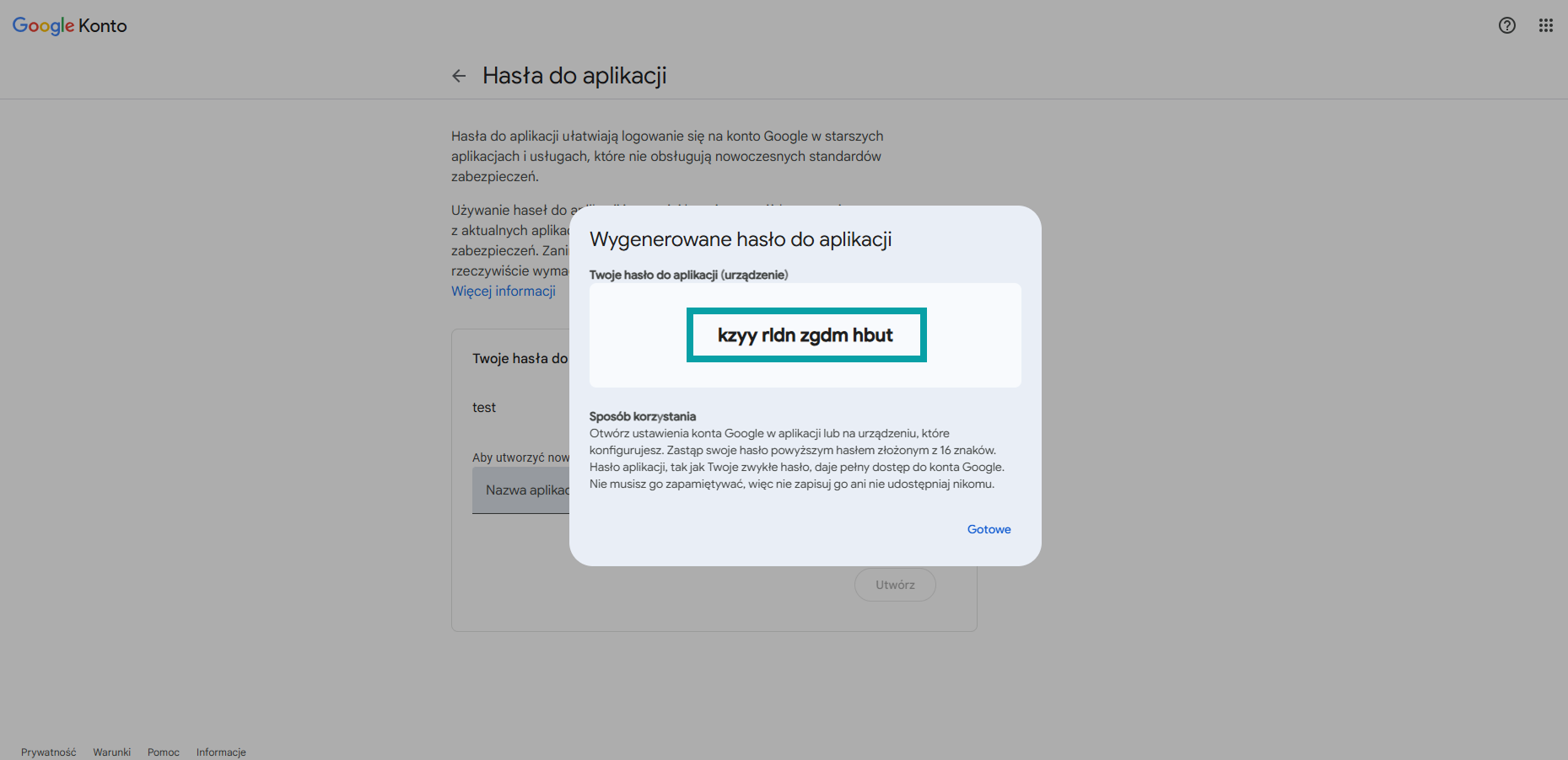 Wygenerowane hasło do aplikacji Google
