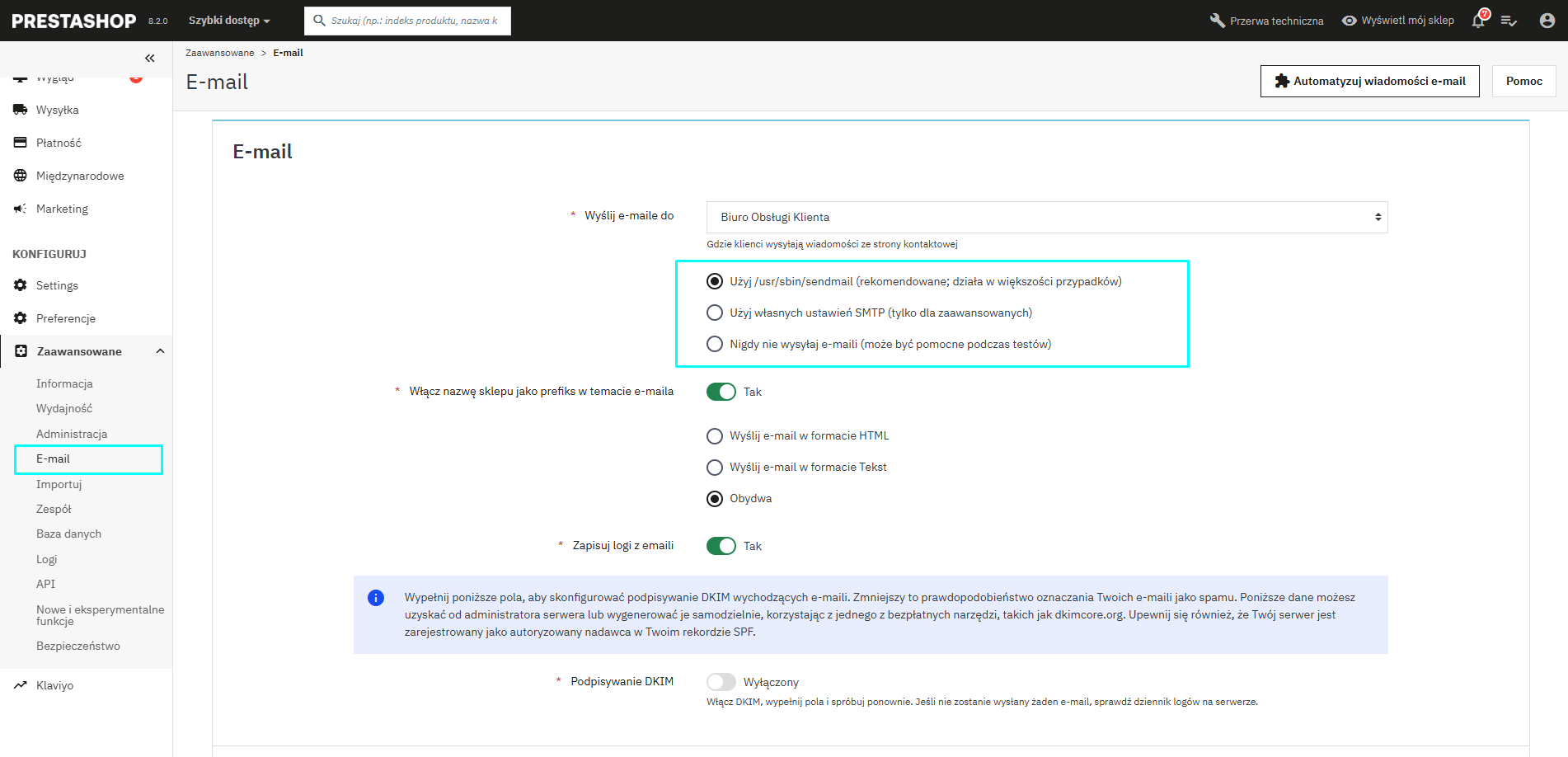 Konfiguracja e-maili w PrestaShop