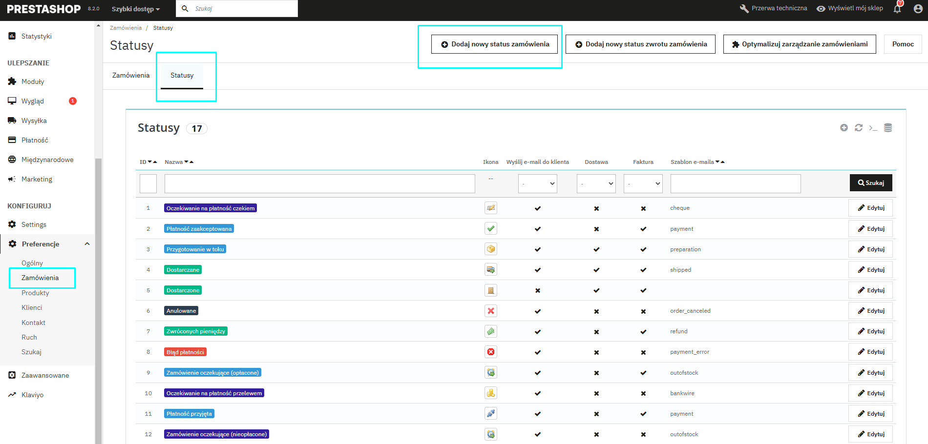Własne statusy zamówień w PrestaShop