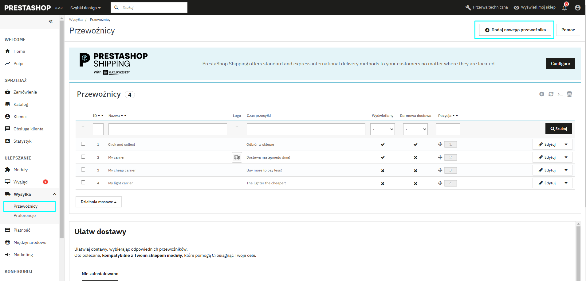 Konfiguracja wysyłki w PrestaShop
